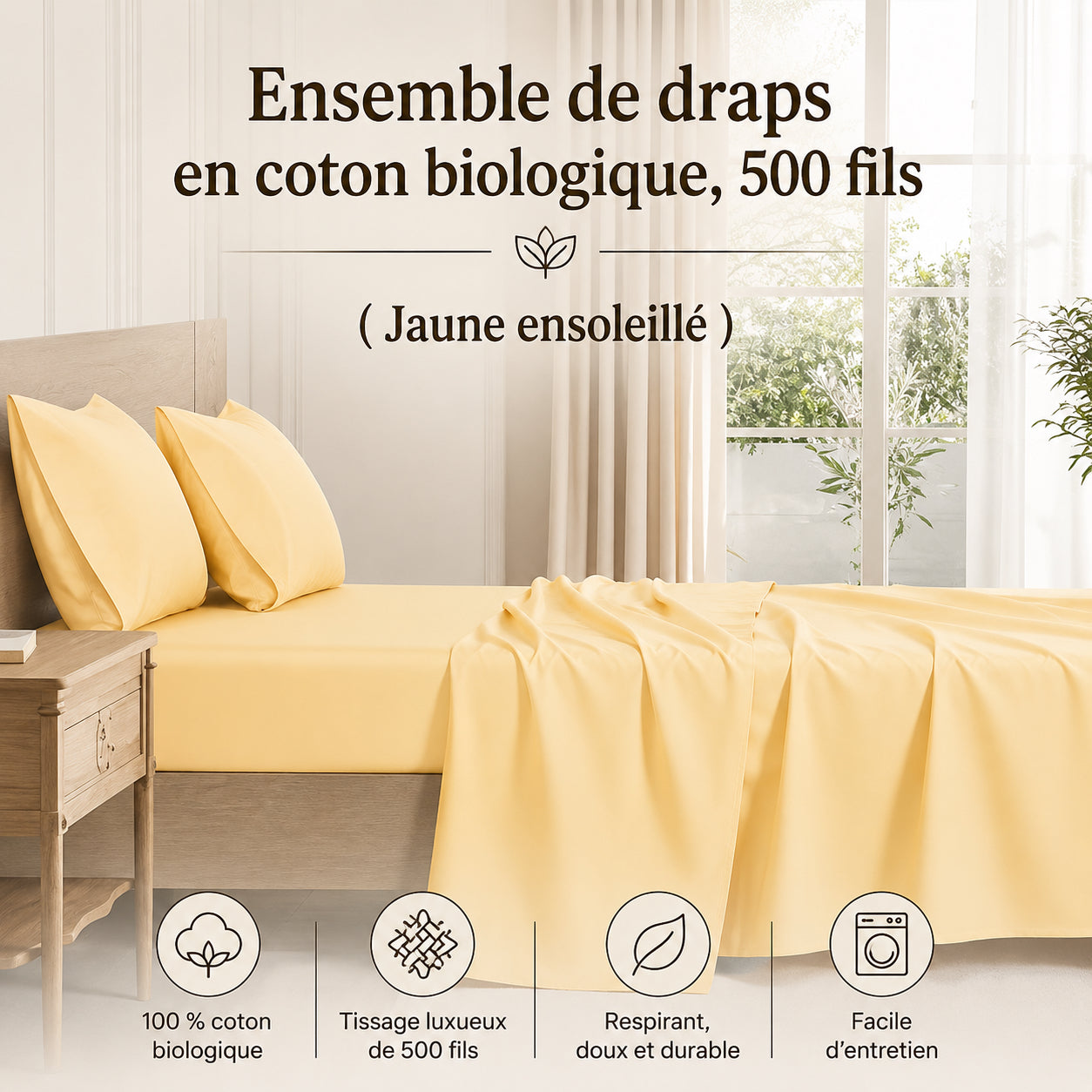 Ensemble de draps en coton biologique , 500 fils ( Jaune ensoleillé ) - Draps Literie & Déco et moi - Literie-Déco et moi 