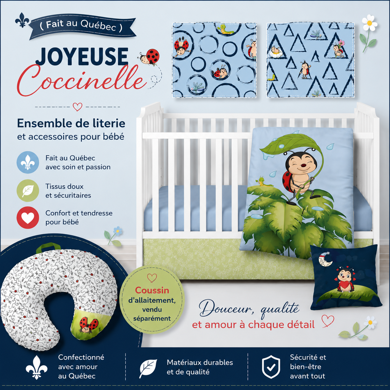 ( Fait au Québec) Ensemble de literie et accessoires pour bébé - JOYEUSE COCCINELLE - Literie bébés Textiles Patlin - Literie-Déco et moi 