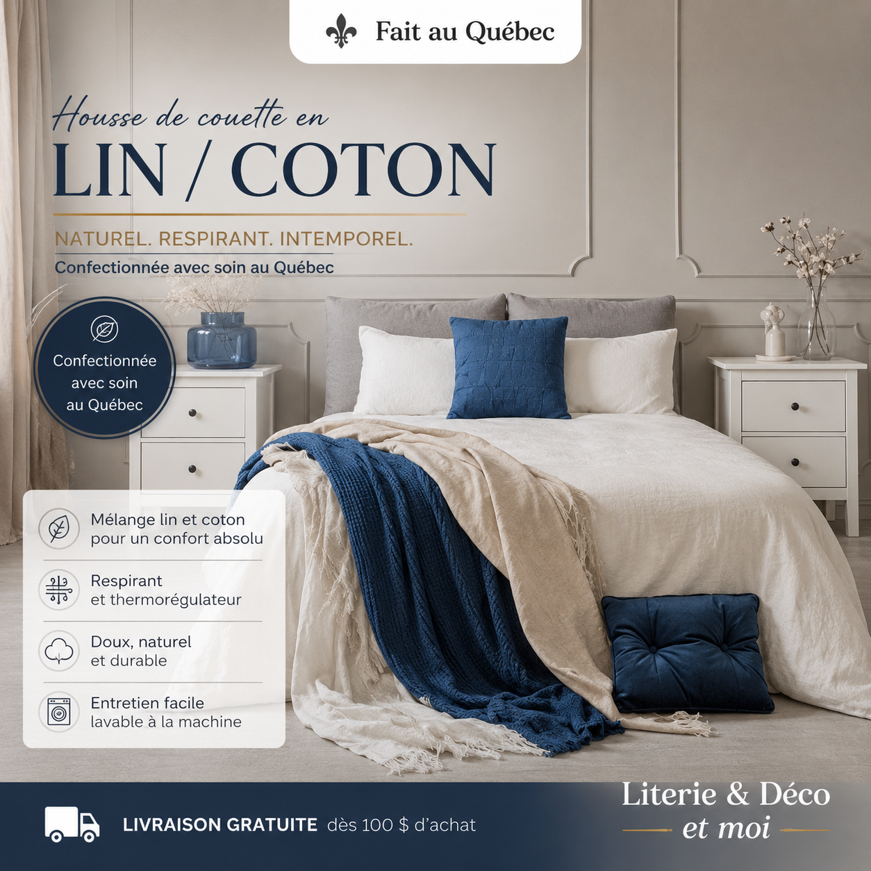 ( Fait au Québec ) Housse de couette en LIN / COTON ( *** TEINTE PERLE DE LUNE SERA DISPONIBLE AUTOMNE 2026 *** - Housse de couette Zénima - Literie-Déco et moi 