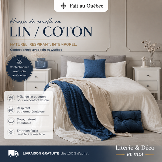 ( Fait au Québec ) Housse de couette en LIN / COTON ( *** TEINTE PERLE DE LUNE SERA DISPONIBLE AUTOMNE 2026 *** - Housse de couette Zénima - Literie-Déco et moi