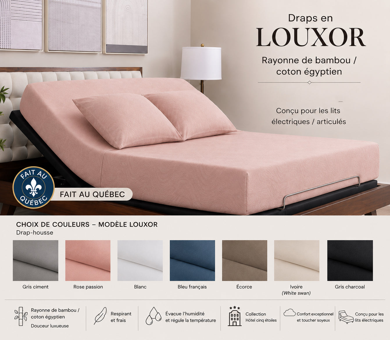 (FAIT AU QUÉBEC) Drap-housse LOUXOR (rayonne de bambou / coton égyptien (330fils) Pour lit électrique JUMEAU XL, QUEEN ou KING-6 teintes disponibles - Draps Zénima - Literie-Déco et moi 
