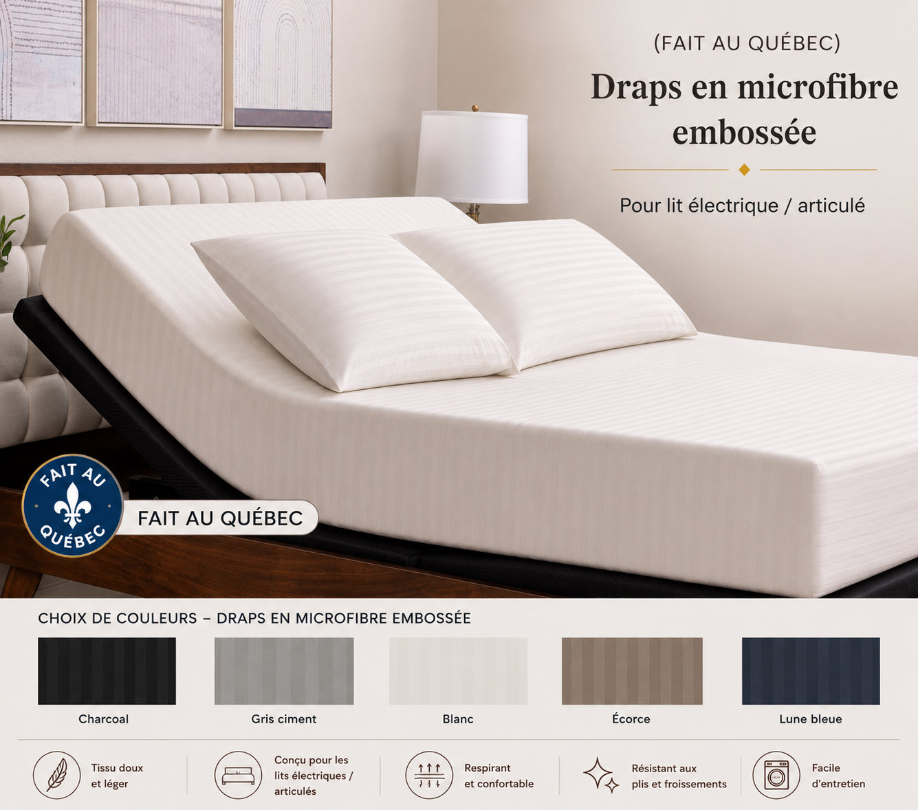 (FAIT AU QUÉBEC) Draps en microfibre embossée-Pour lit électrique /articulé-JUMEAU XL, QUEEN OU KING - Draps Zénima - Literie-Déco et moi 