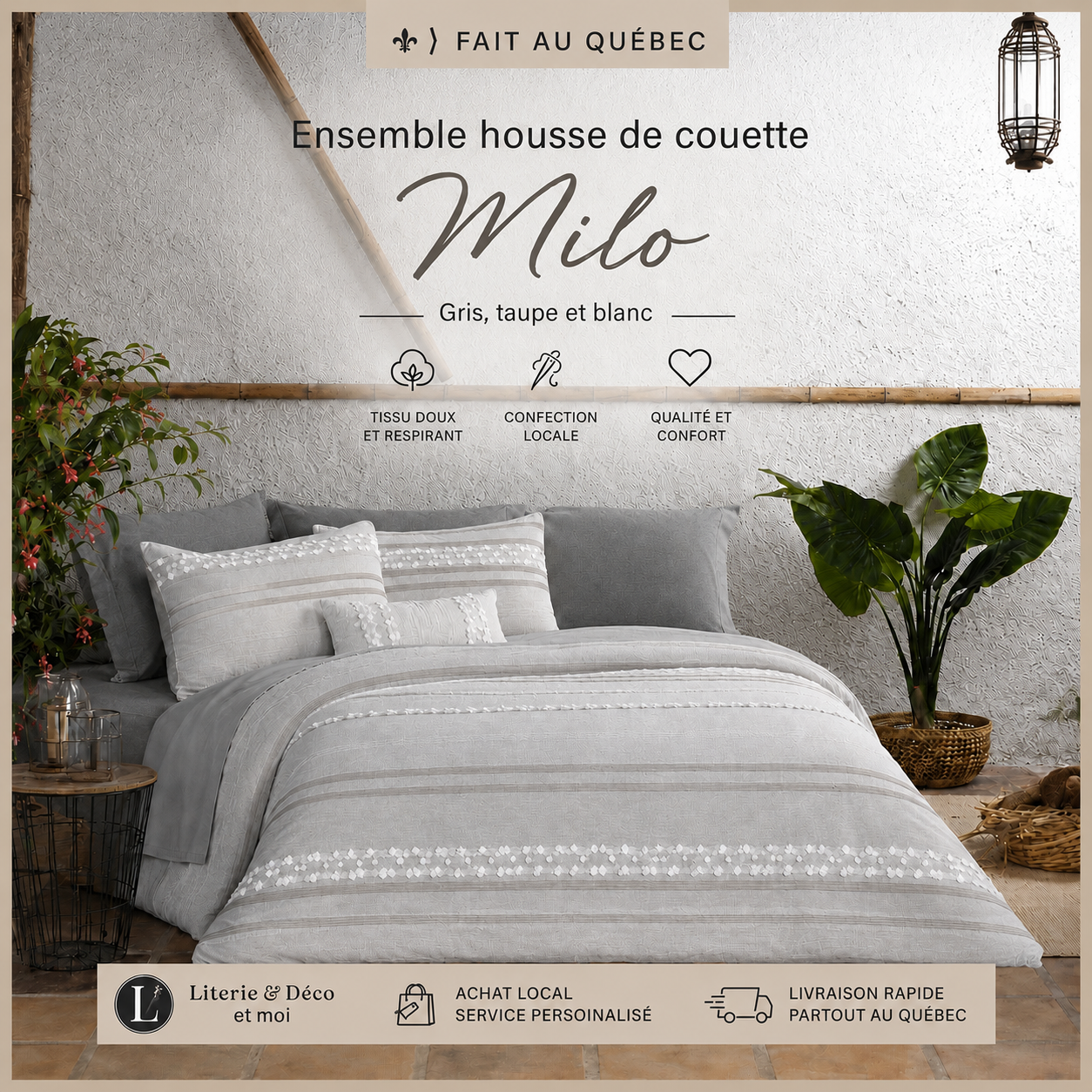 FAIT AU QUÉBEC-Ensemble housse de couette MILO ( Gris, taupe et blanc ) - Housse de couette CHÉNÉ - Literie-Déco et moi 