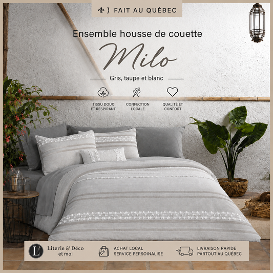 FAIT AU QUÉBEC-Ensemble housse de couette MILO ( Gris, taupe et blanc ) - Housse de couette CHÉNÉ - Literie-Déco et moi 