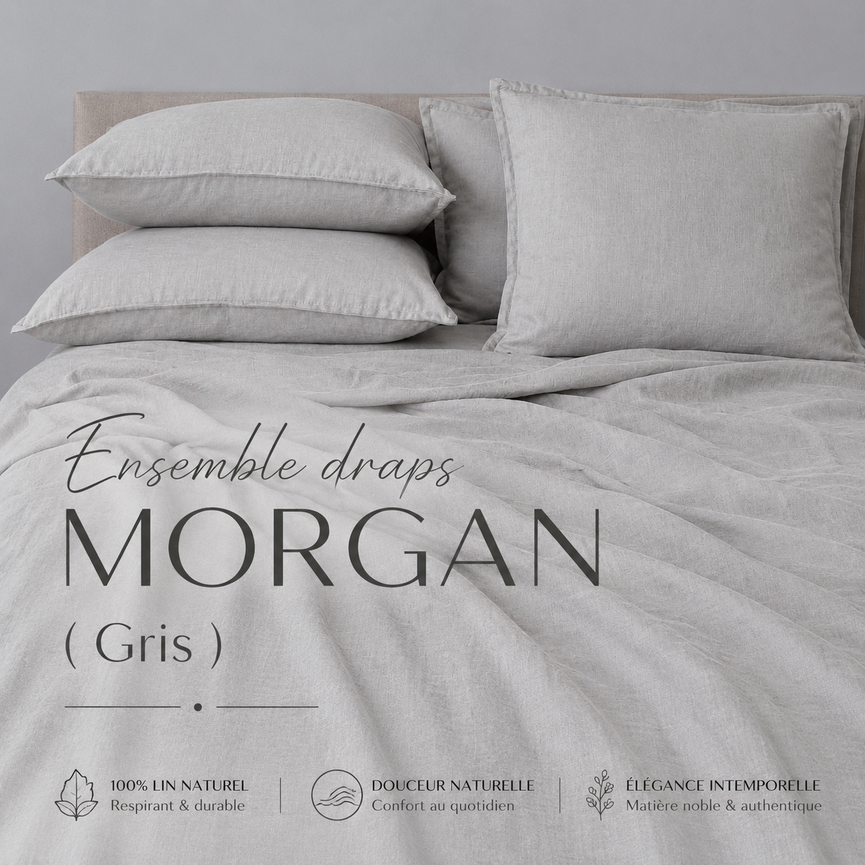 Ensemble draps en lin MORGAN ( Gris ) - Draps rjs trading - Literie-Déco et moi 