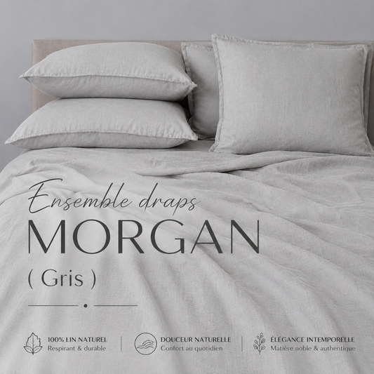 Ensemble draps en lin MORGAN ( Gris ) - Draps rjs trading - Literie-Déco et moi 