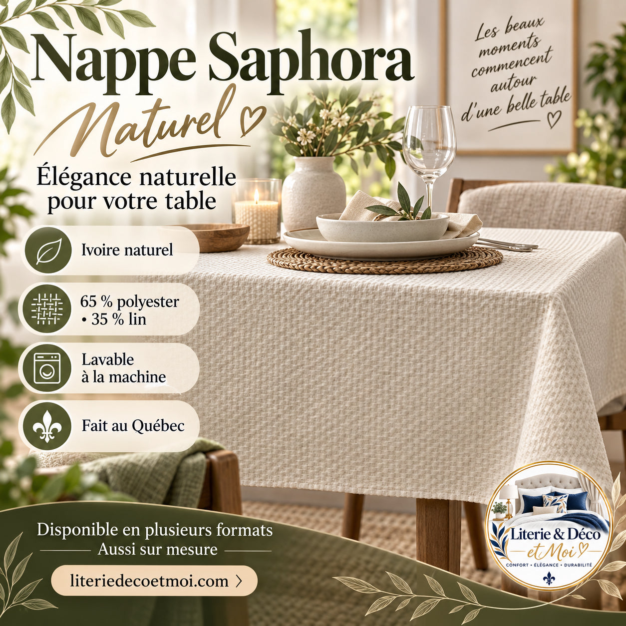 ( Fait au Québec) Nappe Saphora ( Naturel ) - NAPPES Literie & Déco et moi - Literie-Déco et moi 