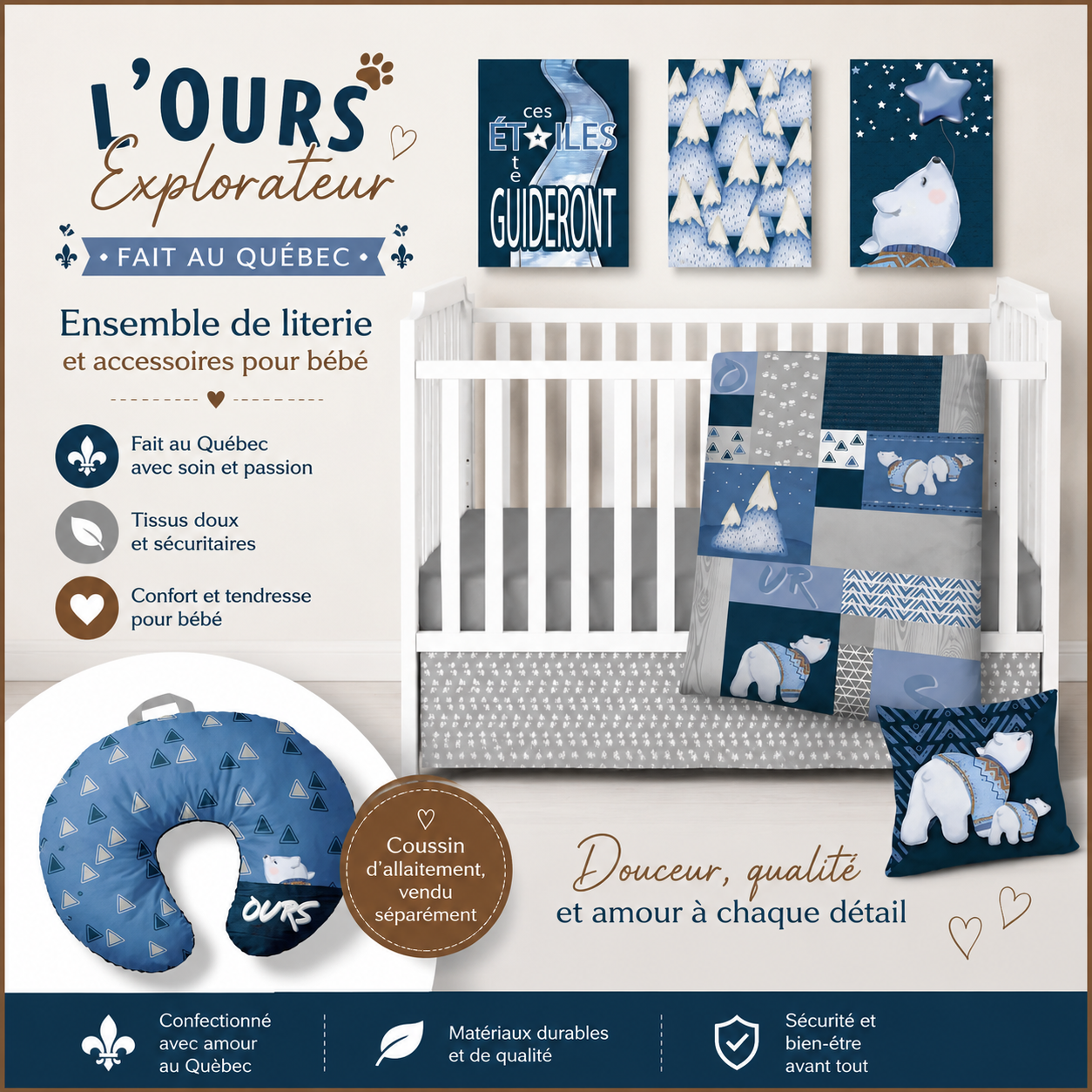 ( Fait au Québec) Ensemble de literie et accessoires pour bébé - L"OURS RENIFLEUR - Literie bébés Textiles Patlin - Literie-Déco et moi 