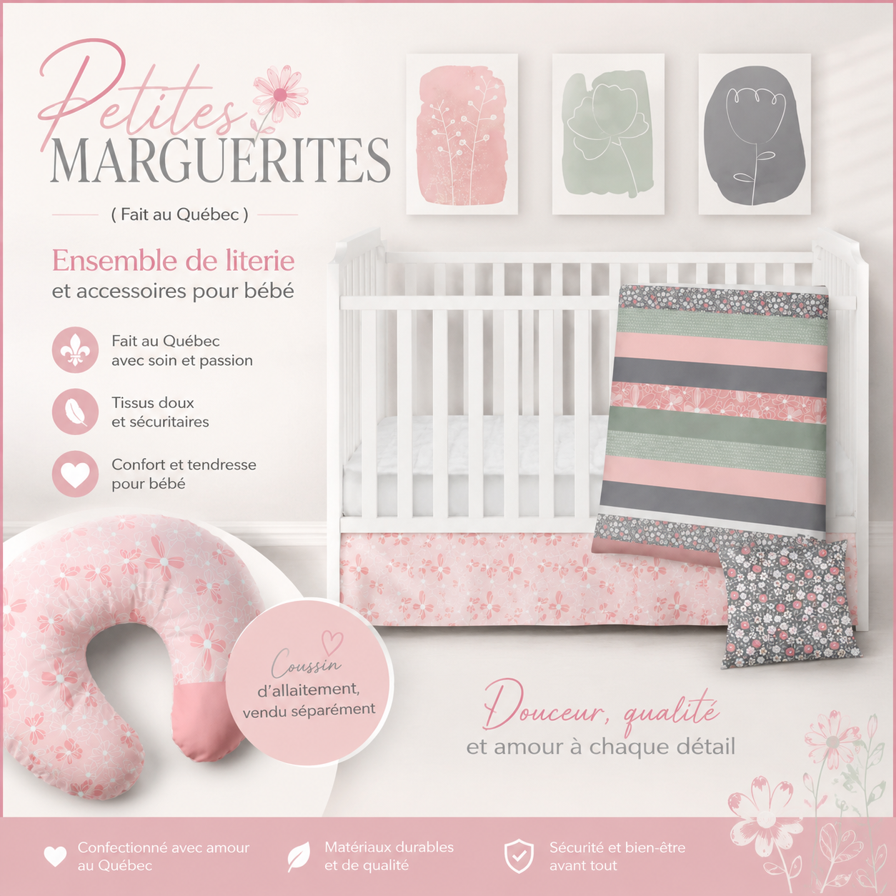 ( Fait au Québec) Ensemble de literie et accessoires pour bébé - PETITES MARGUERITES - Literie bébés Textiles Patlin - Literie-Déco et moi 