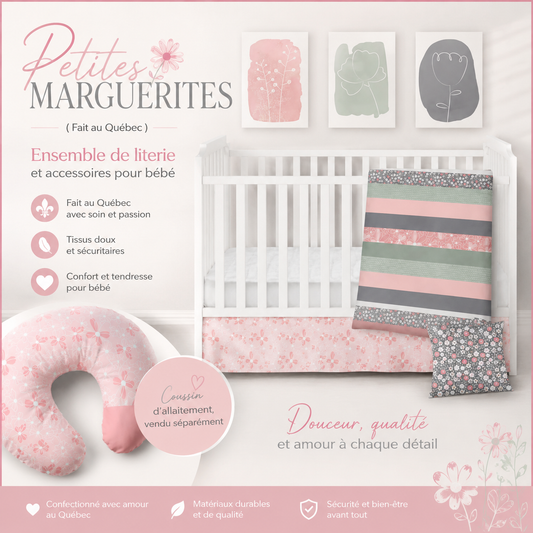 ( Fait au Québec) Ensemble de literie et accessoires pour bébé - PETITES MARGUERITES - Literie bébés Textiles Patlin - Literie-Déco et moi 