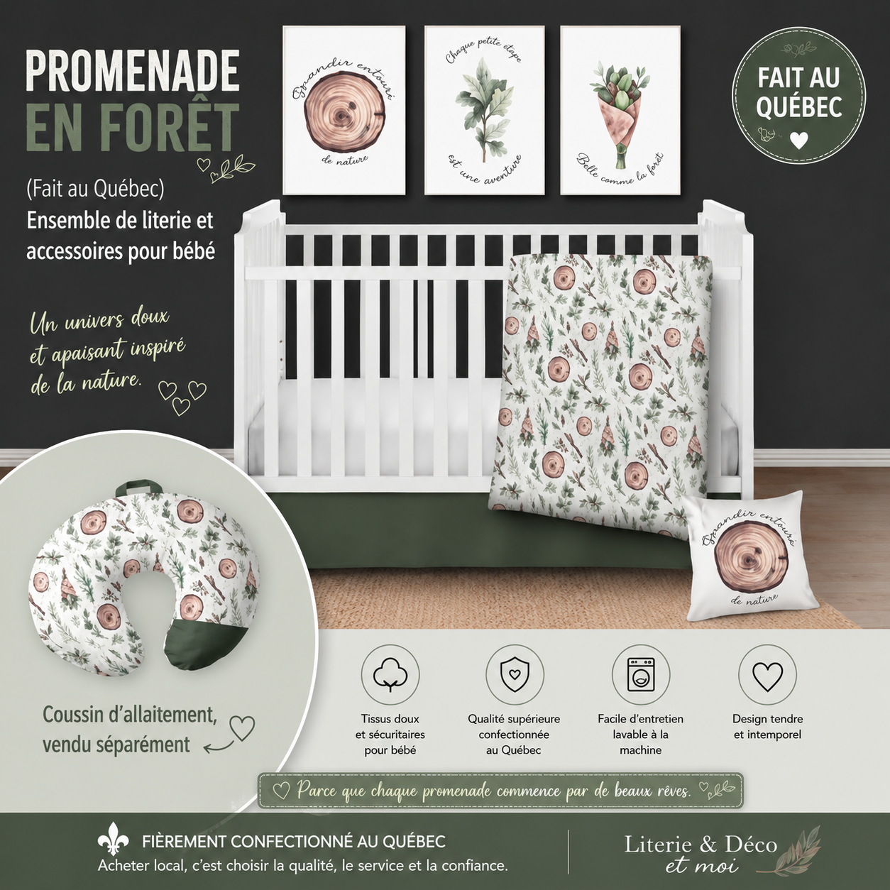 ( Fait au Québec) Ensemble de literie et accessoires pour bébé - PROMENADE EN FORET - Literie bébés Textile Patlin - Literie-Déco et moi 