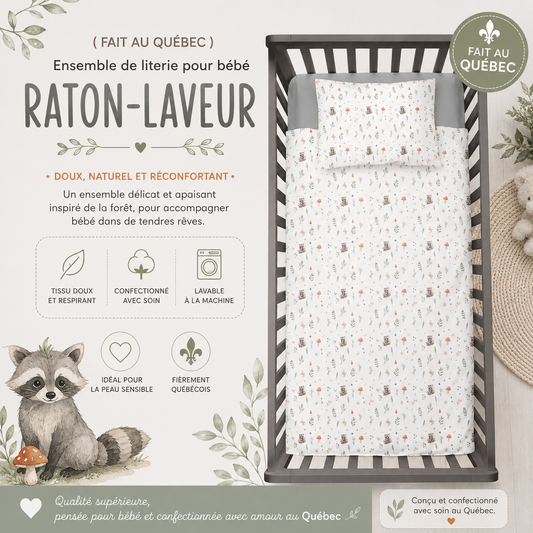 ( Fait au Québec) Ensemble de literie bébé- RATON-LAVEUR - housses de couette bébé Atelier la Fée - Literie-Déco et moi 