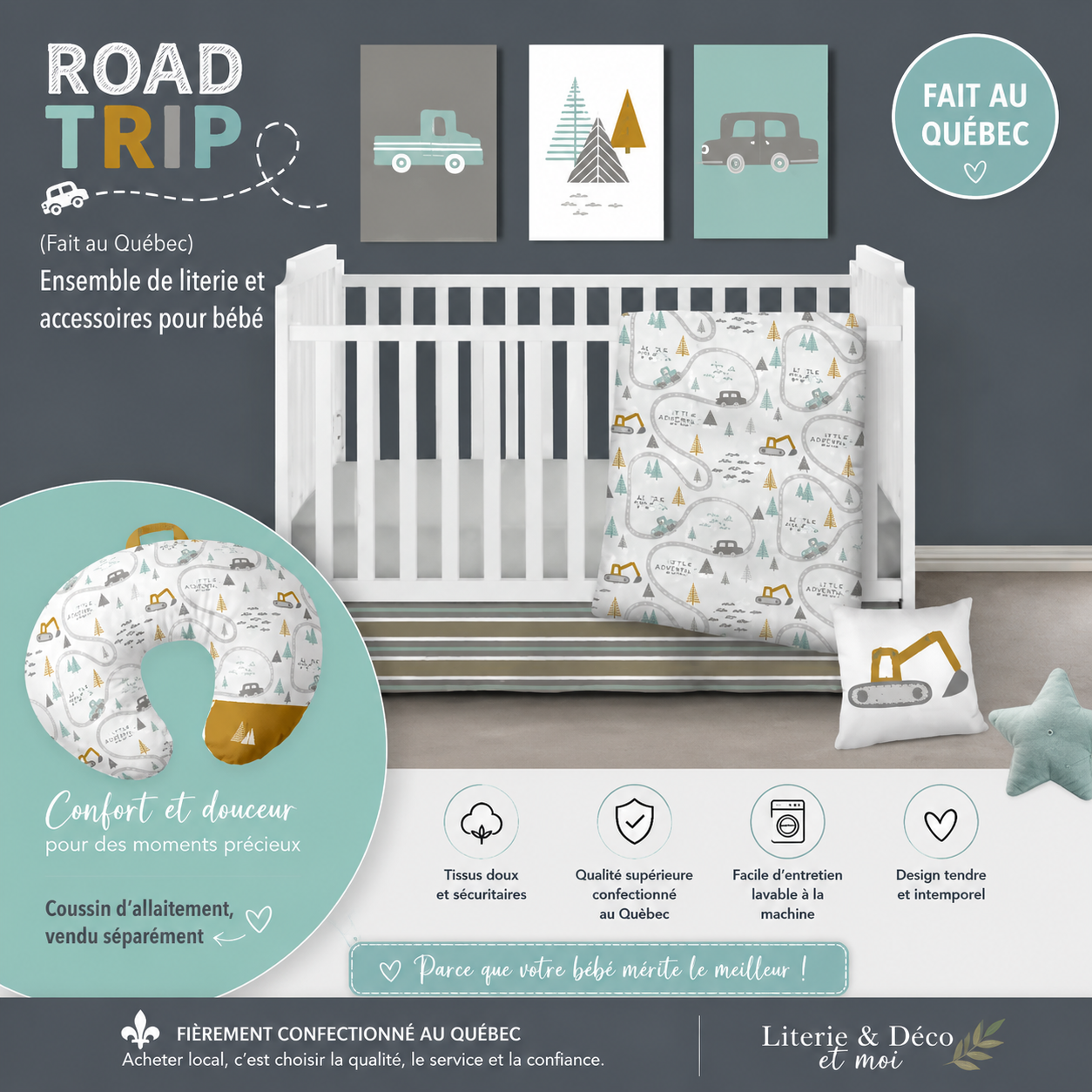 ( Fait au Québec) Ensemble de literie et accessoires pour bébé - ROAD TRIP - Literie bébés Textiles Patlin - Literie-Déco et moi 