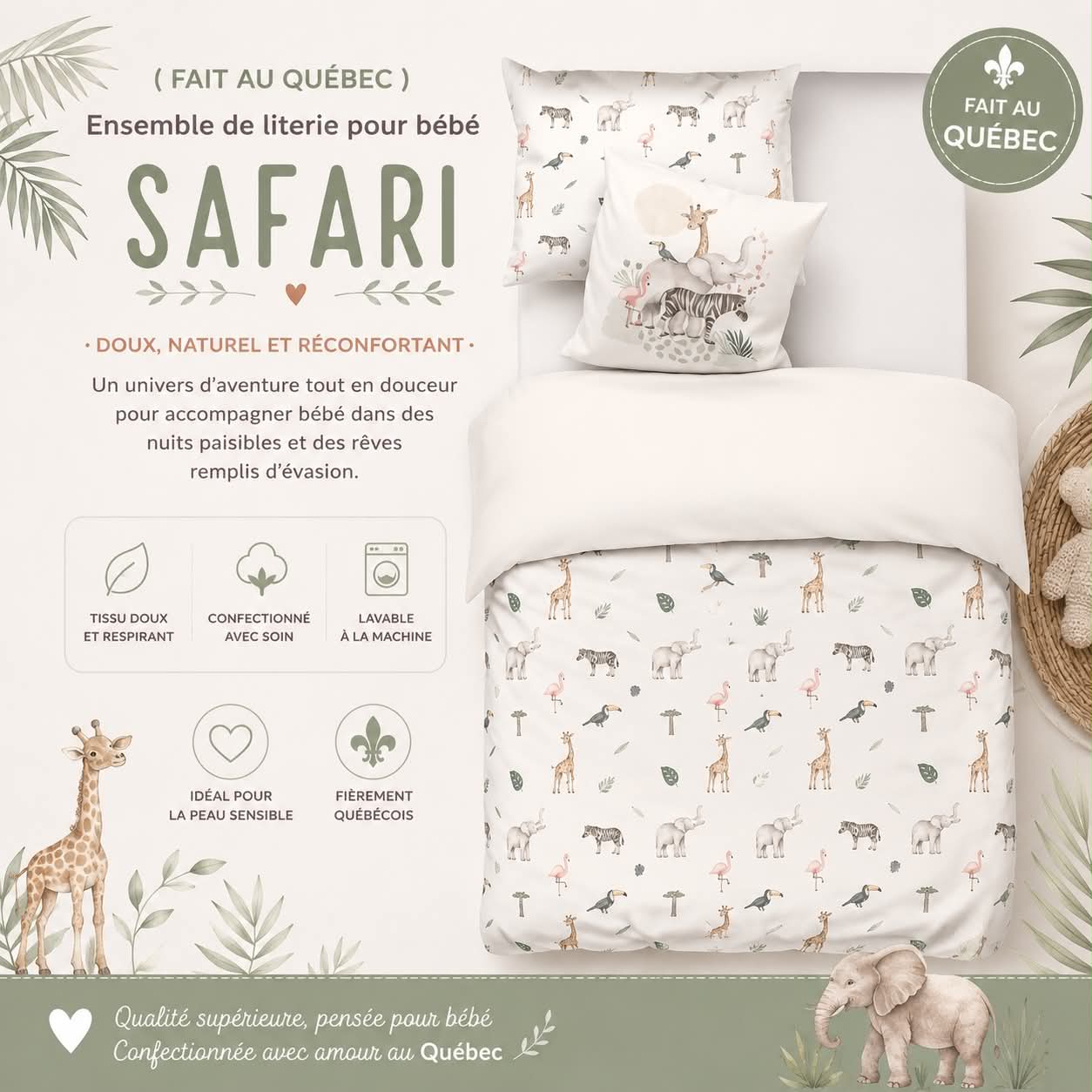 ( Fait au Québec) Ensemble de literie pour bébé- SAFARI - housses de couette bébé Atelier la Fée - Literie-Déco et moi 