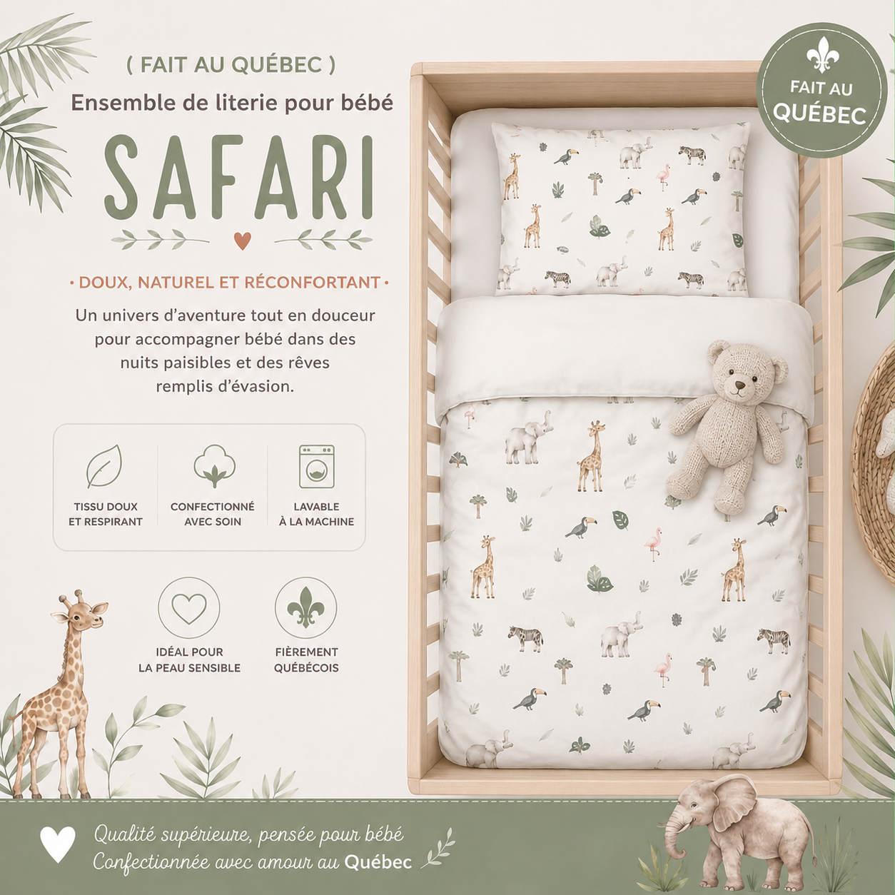 ( Fait au Québec) Ensemble de literie pour bébé- SAFARI - housses de couette bébé Atelier la Fée - Literie-Déco et moi 