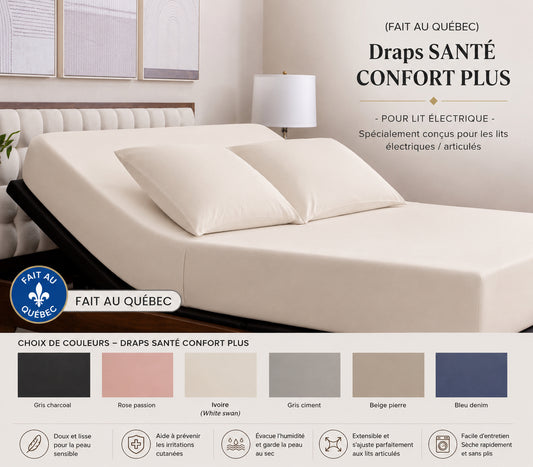 (FAIT AU QUEBEC) Draps SANTÉ CONFORT PLUS -POUR LIT ÉLECTRIQUE - JUMEAU XL- QUEEN ou KING - Draps Zénima - Literie-Déco et moi 