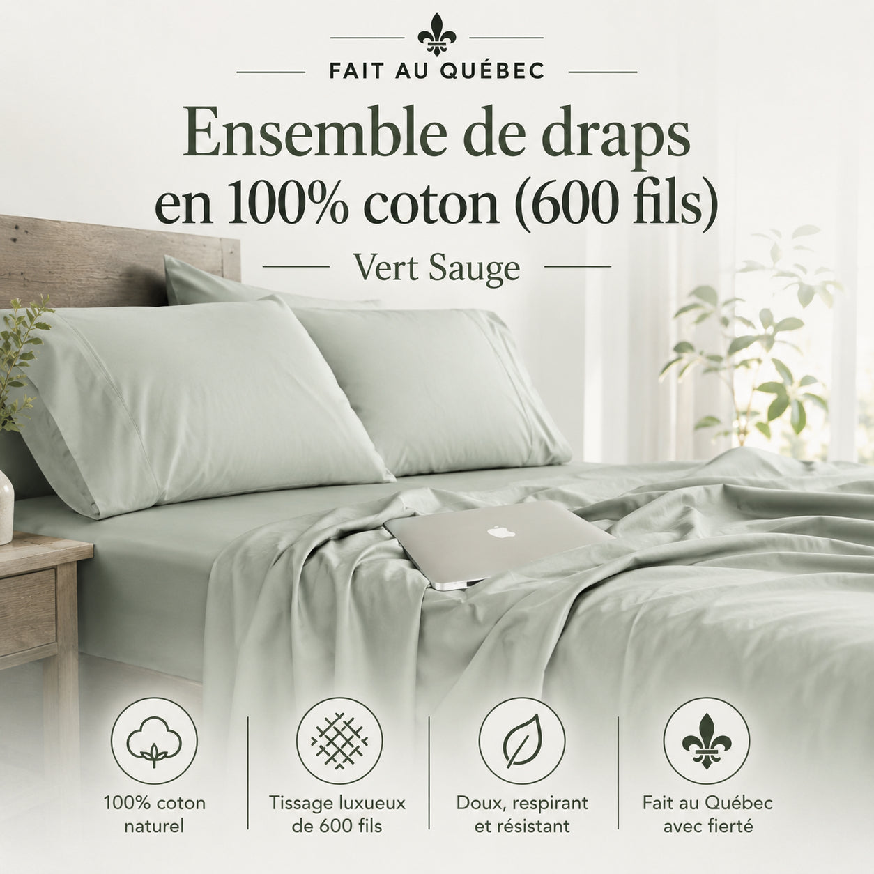 FAIT AU QUÉBEC-Ensemble de draps en 100% coton ( 600 fils )- Vert Sauge - Draps Chéné-Sasseville - Literie-Déco et moi 