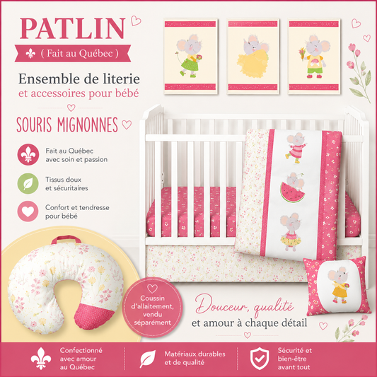 ( Fait au Québec) Ensemble de literie et accessoires pour bébé - SOURIS MIGNONNES - Literie bébés Textiles Patlin - Literie-Déco et moi 