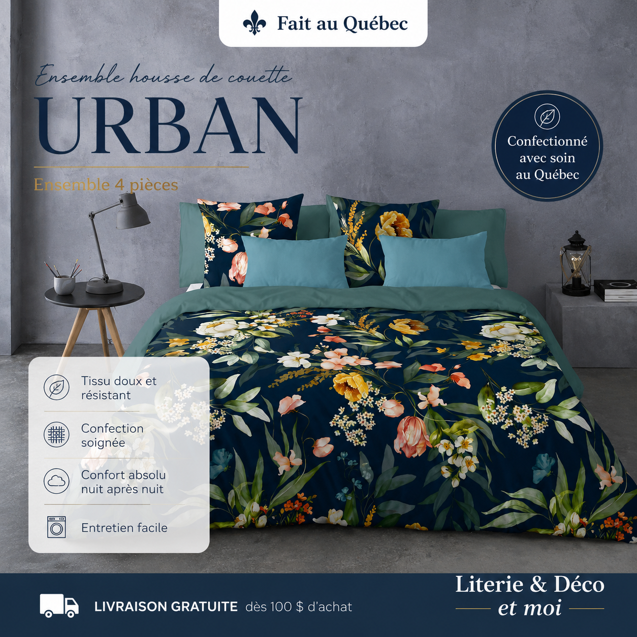 (Fait au Québec) Housse de couette URBAN  ( Ensemble 4 pièces ) - Housse de couette CHÉNÉ - Literie-Déco et moi 