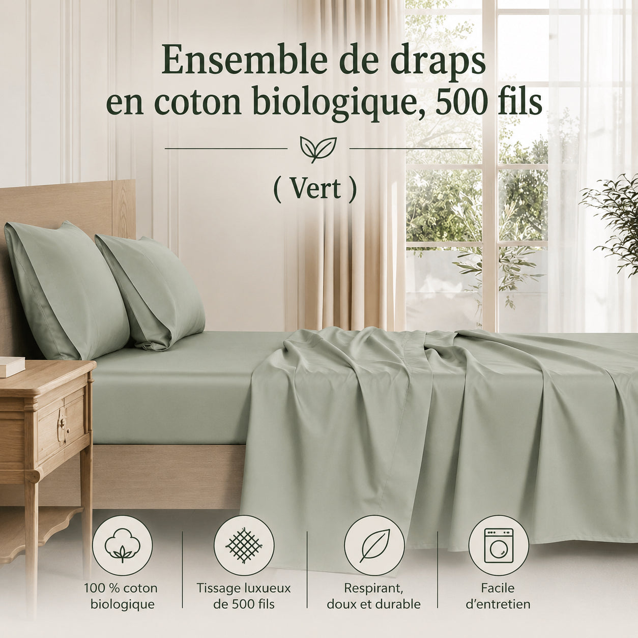 Ensemble de draps en coton biologique , 500 fils ( Vert ) - Draps Literie & Déco et moi - Literie-Déco et moi 
