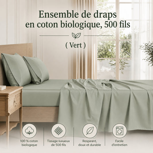Ensemble de draps en coton biologique , 500 fils ( Vert ) - Draps Literie & Déco et moi - Literie-Déco et moi 