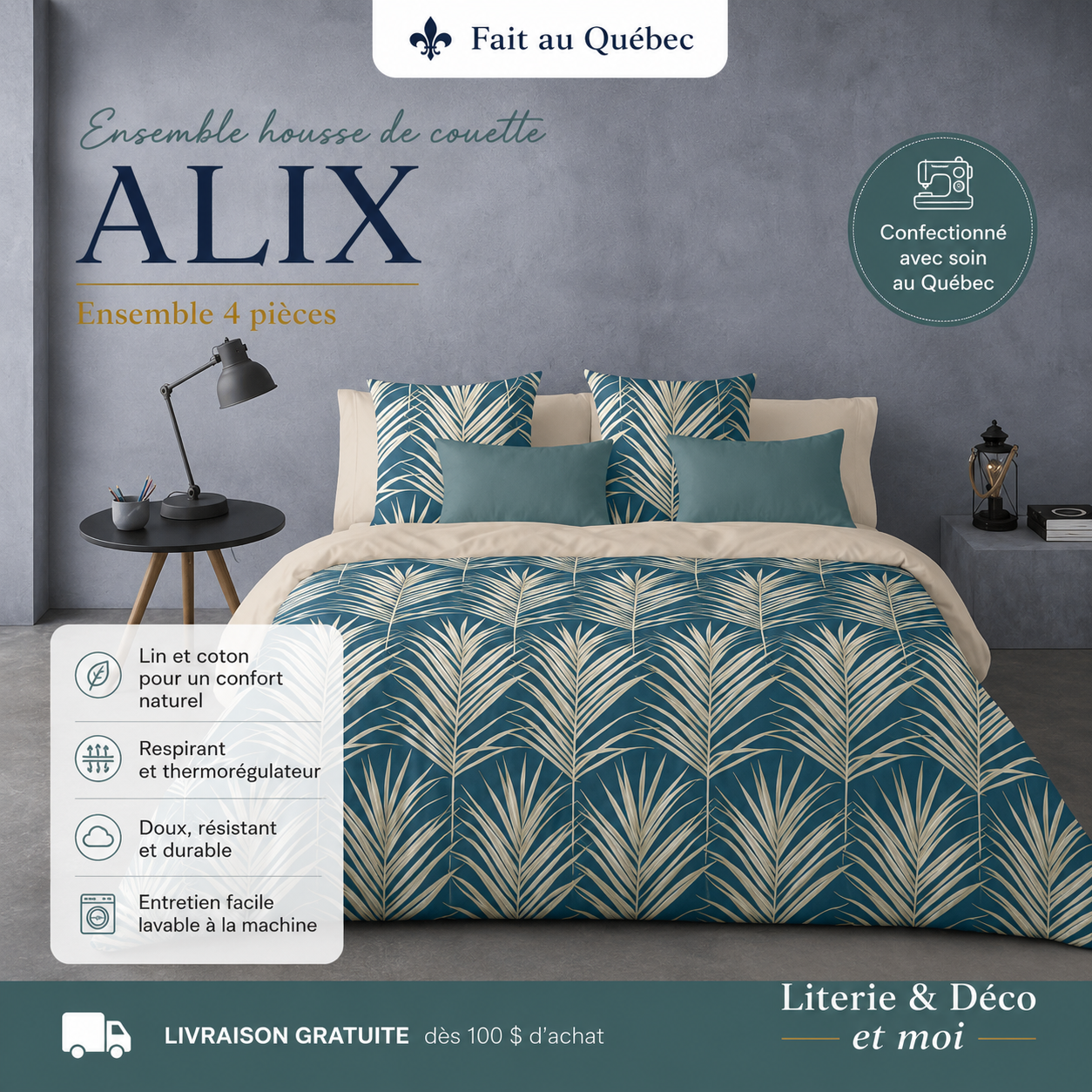 (Fait au Québec) Housse de couette ALIX  ( Ensemble 4 pièces ) - Housse de couette CHÉNÉ - Literie-Déco et moi 