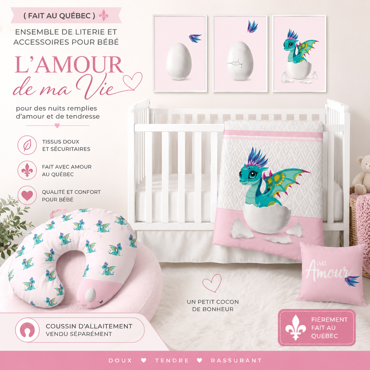 ( Fait au Québec) Ensemble de literie et accessoires pour bébé - L'AMOUR DE MA VIE - Literie bébés Textiles Patlin - Literie-Déco et moi 
