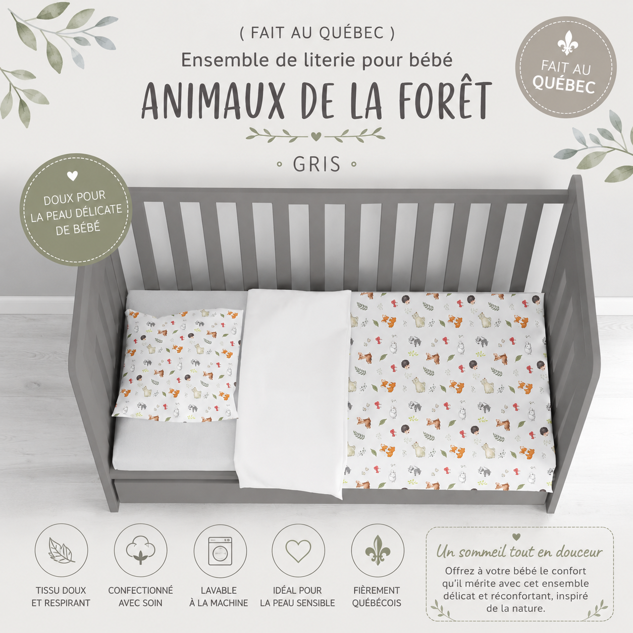 ( Fait au Québec) Ensemble de literie pour bébé- ANIMAUX DE LA FORET (Gris) - housses de couette bébé Atelier la Fée - Literie-Déco et moi 