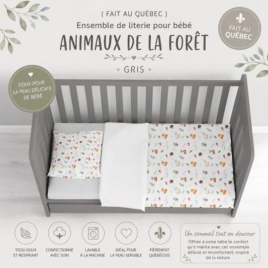 ( Fait au Québec) Ensemble de literie pour bébé- ANIMAUX DE LA FORET (Gris) - housses de couette bébé Atelier la Fée - Literie-Déco et moi 