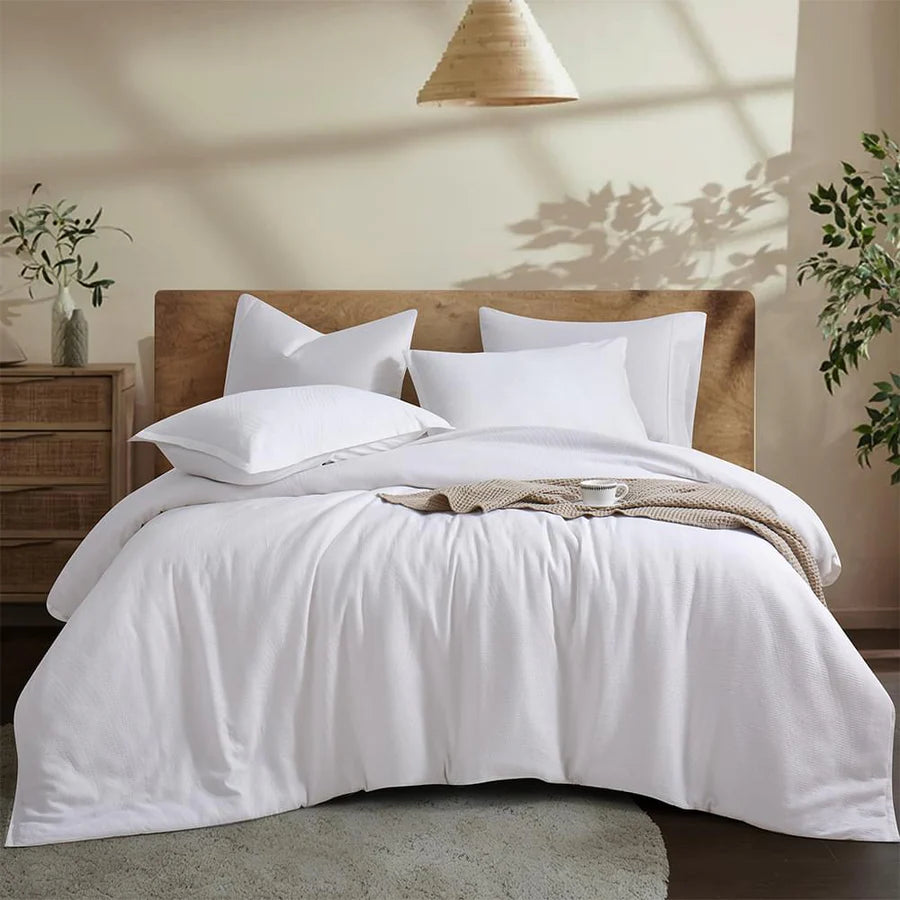 Ensemble housse de couette motifs feuilles Aurora Jacquard ( Blanc ) - Housse de couette NS - Literie-Déco et moi 