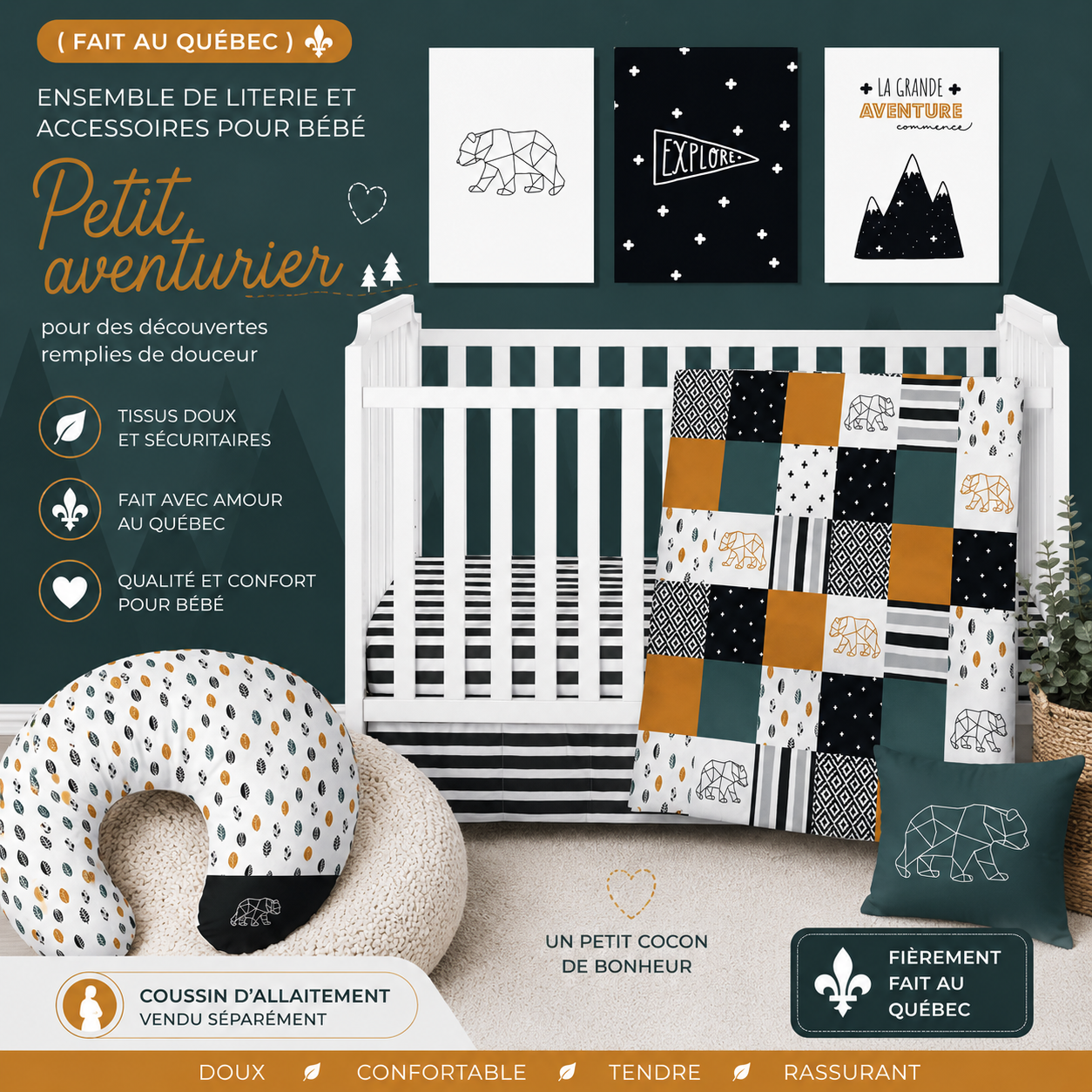 ( Fait au Québec) Ensemble de literie et accessoires pour bébé - PETIT AVENTURIER - Literie bébés Textile Patlin - Literie-Déco et moi 
