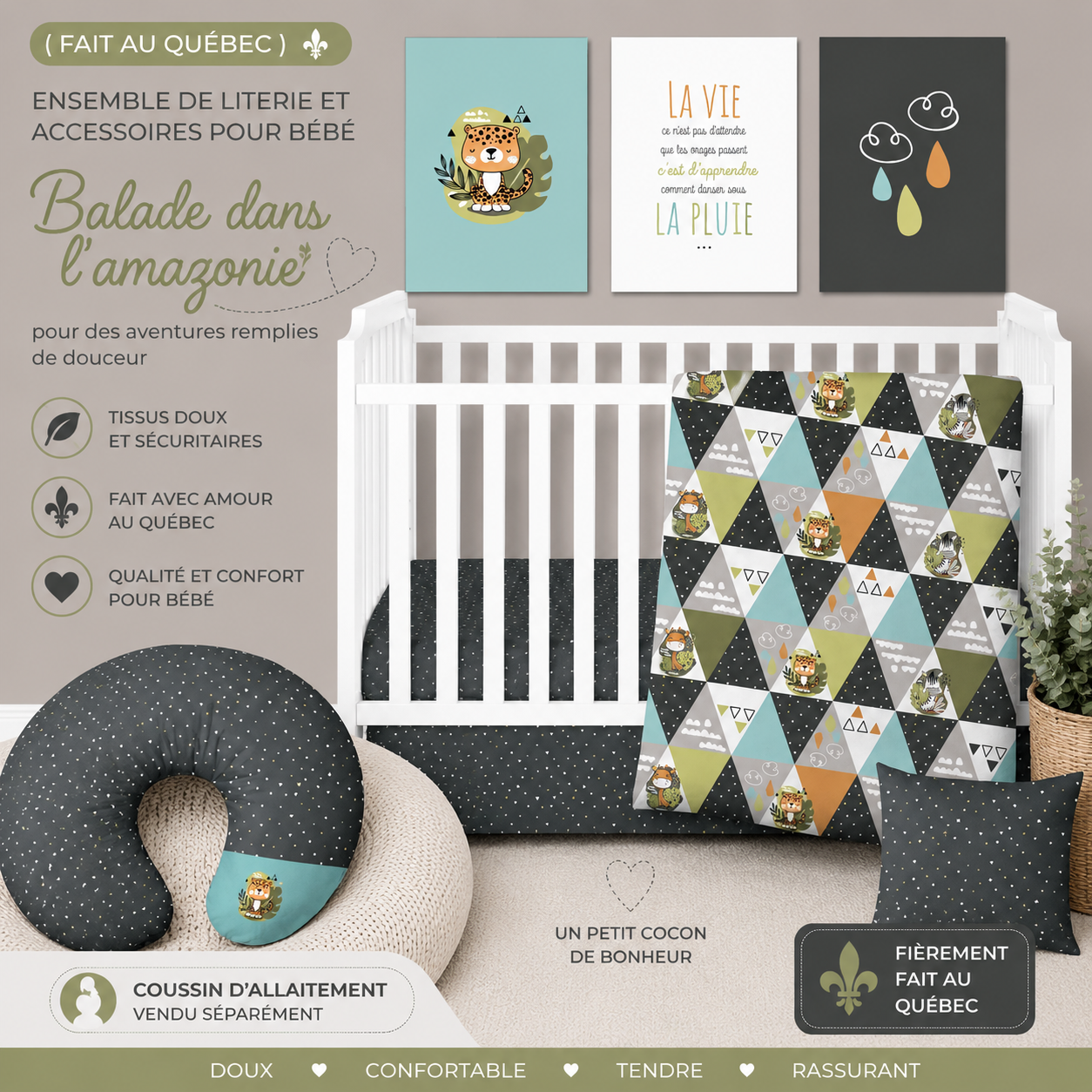 ( Fait au Québec) Ensemble de literie et accessoires pour bébé - BALADE DANS L'AMAZONIE - Literie bébés Textile Patlin - Literie-Déco et moi 
