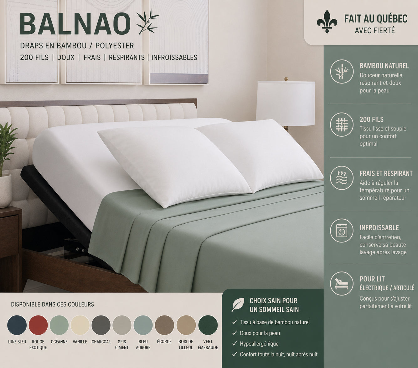 (FAIT AU QUEBEC) Draps BALNAO ( bambou/polyester, 200 fils )- Pour lit électrique / articulé  - JUMEAU XL, QUEEN ou KING - Draps Zénima - Literie-Déco et moi 
