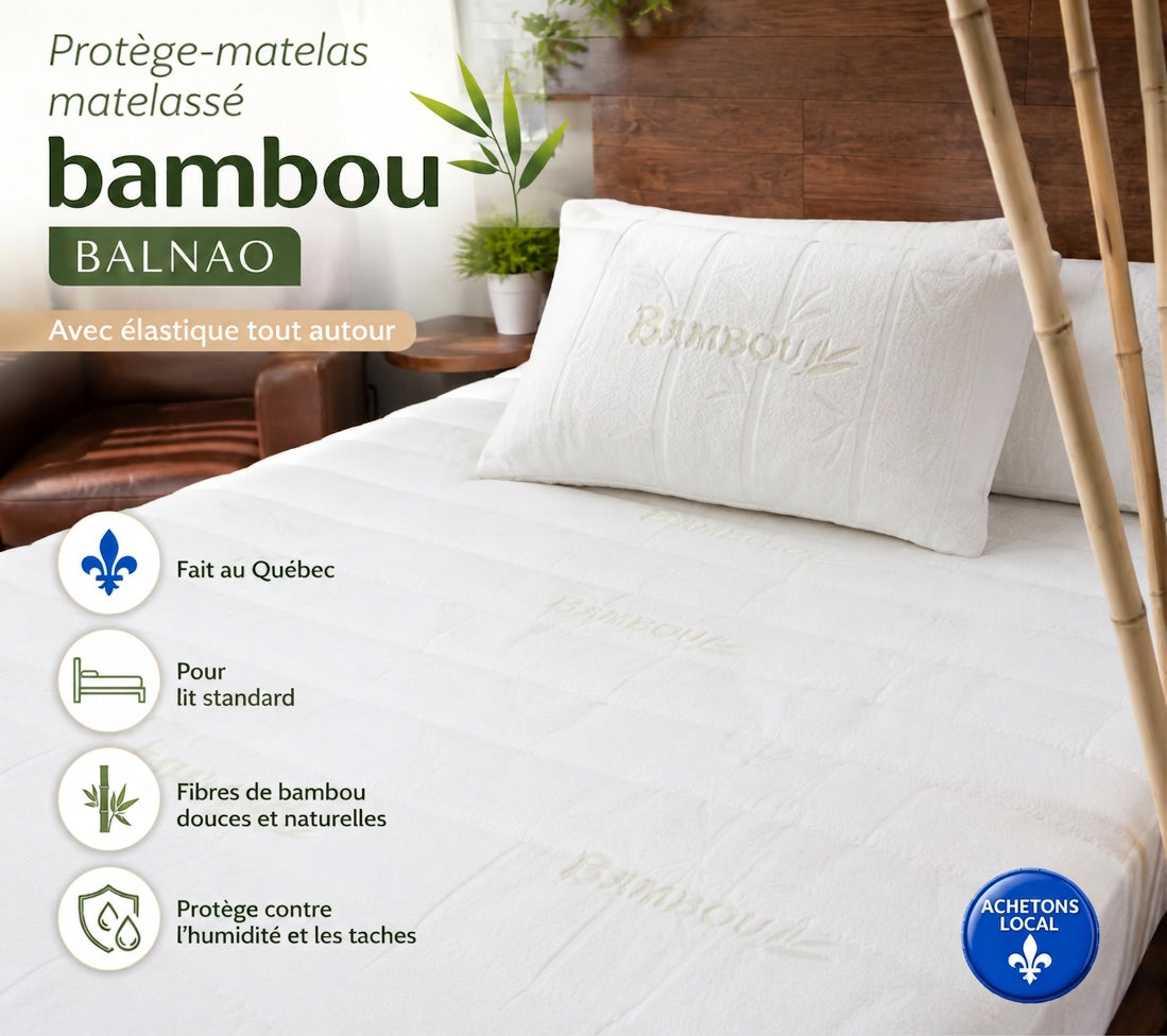 ( Fait au Québec )- Protège-matelas matelassé bambou BALNAO ( avec élastique tout autour) - protège-matelas Zénima - Literie-Déco et moi 