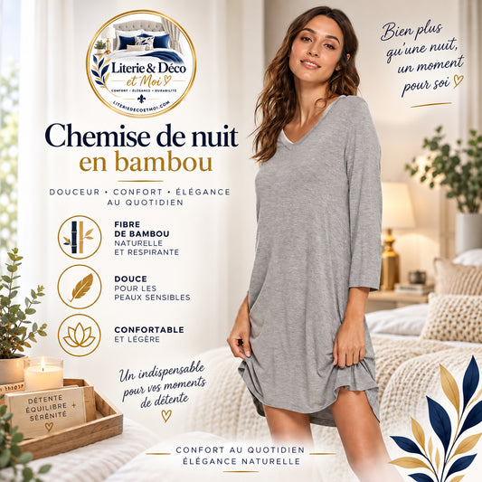Chemise de nuit en manches longues en bambou ( Gris ) - Chemise de nuit Daniadown - Literie-Déco et moi