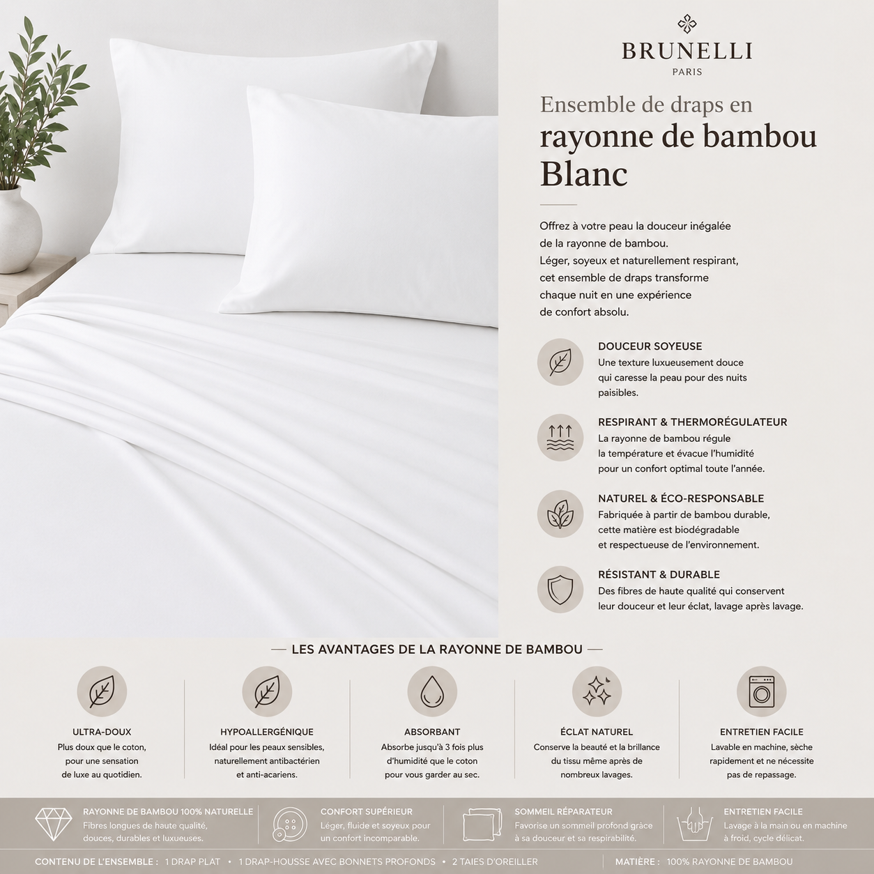 Ensemble de draps en rayonne de bambou Blanc- Par Brunelli - Draps Brunelli - Literie-Déco et moi 