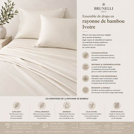 Ensemble de draps en rayonne de bambou ivoire - Par Brunelli - Draps Brunelli - Literie-Déco et moi 
