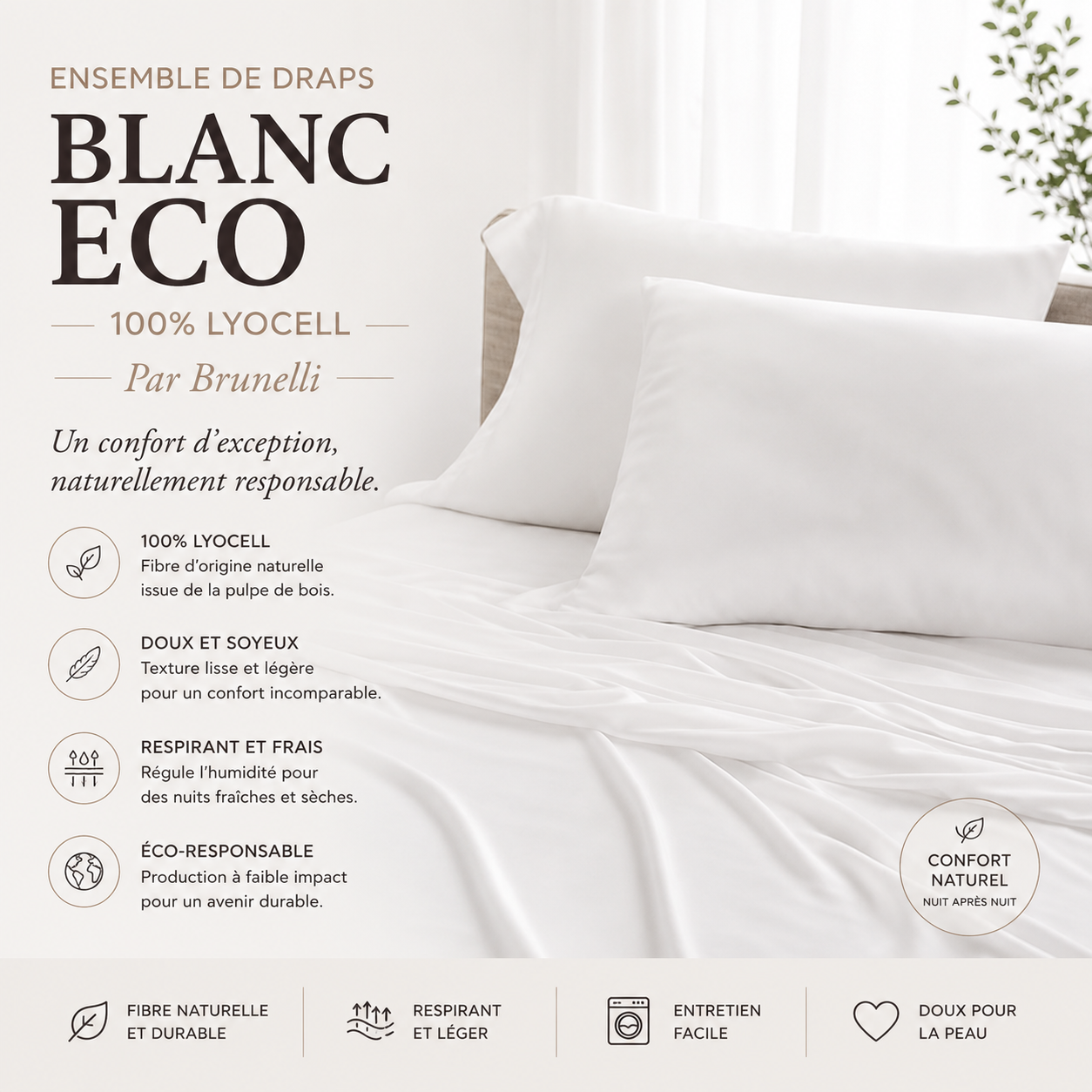 Ensemble de draps blanc ECO ( 100% lyocell ) ( Par Brunelli) - Draps Brunelli - Literie-Déco et moi 