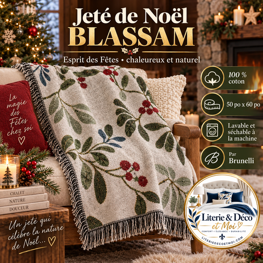 Jeté de Noël imprimé feuilles de gui Blassam ( 50'' x 60'' )- Par Brunelli - Jeté Brunelli - Literie-Déco et moi 