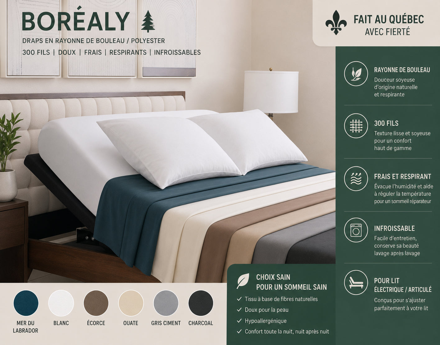 (FAIT QUEBEC)-Draps BORÉALY ( rayonne bouleau/polyester )( 300 fils )- Pour lit /lectrique / articulé - JUMEAU XL, QUEEN ou KING - Draps Zénima - Literie-Déco et moi 