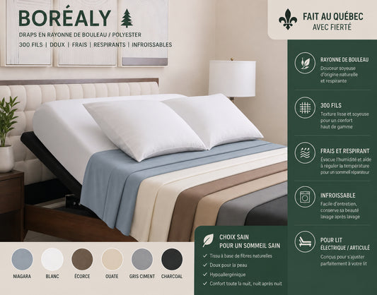 (FAIT QUEBEC)-Draps BORÉALY ( rayonne bouleau/polyester )( 300 fils )- Pour lit /lectrique / articulé - JUMEAU XL, QUEEN ou KING - Draps Zénima - Literie-Déco et moi 