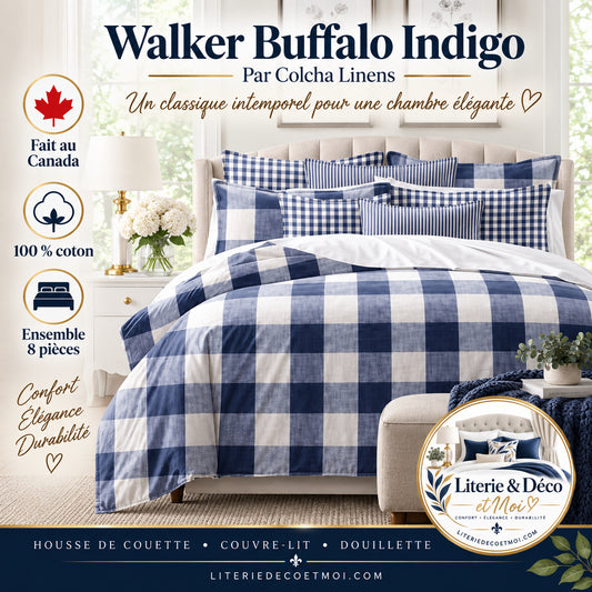 FAIT AU CANADA-Ensemble 8 pièces-WALKER BUFFALO (Indigo) -Par Cocha Linens - Douillette, Couvre-lit, Housse de couette Colcha Linens - Literie-Déco et moi 