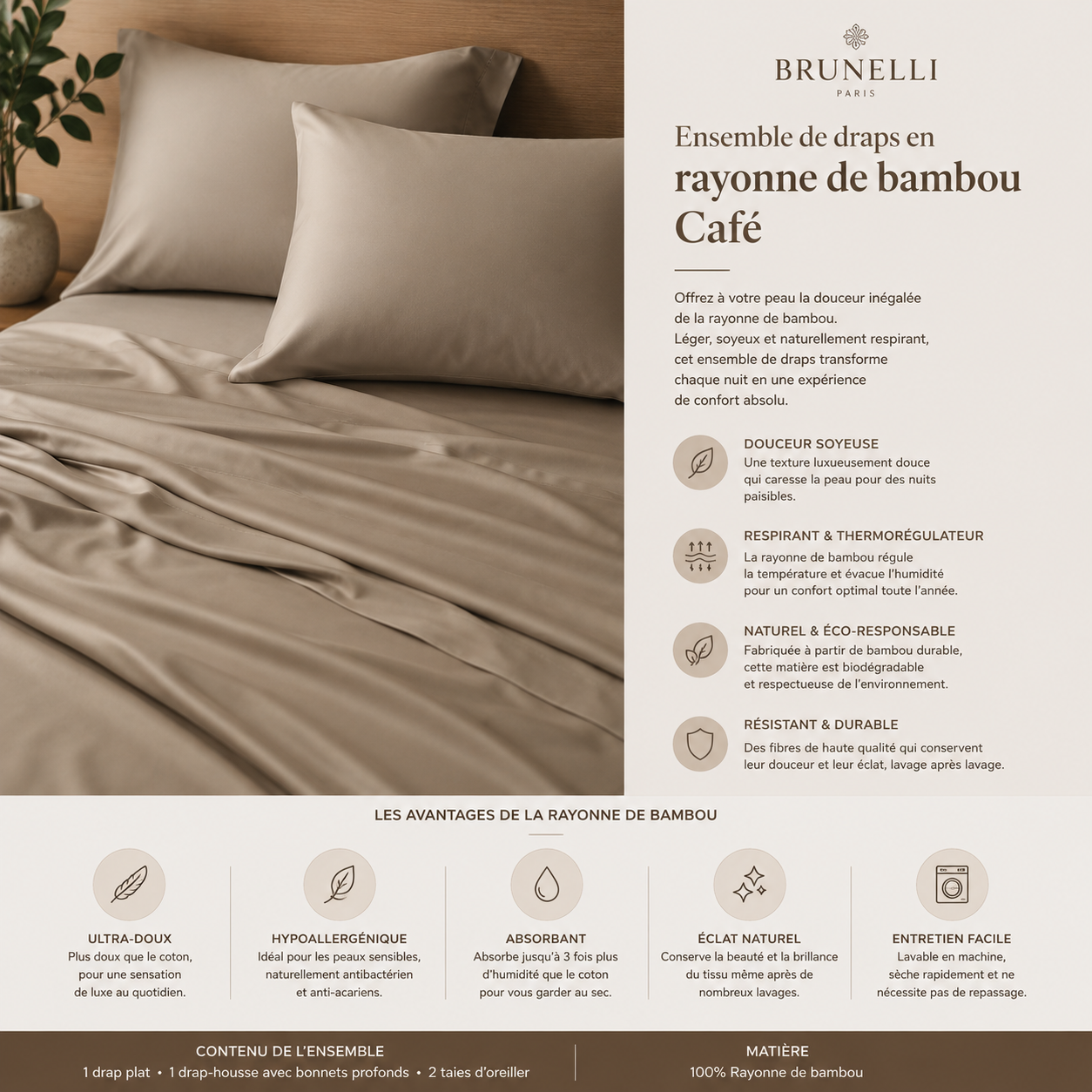 Ensemble de draps en rayonne de bambou Café- Par Brunelli - Draps Brunelli - Literie-Déco et moi 