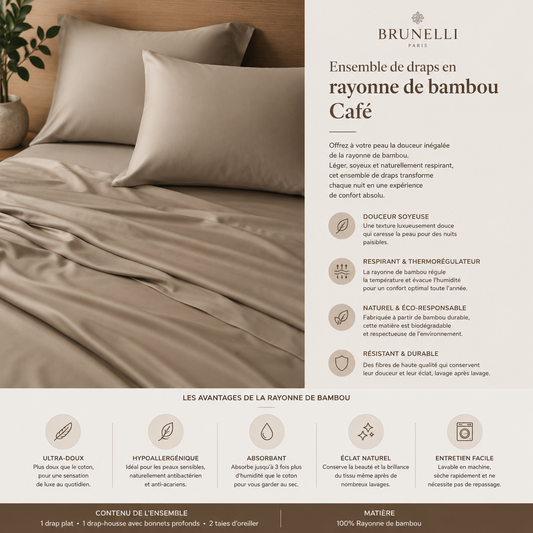 Ensemble de draps en rayonne de bambou Café- Par Brunelli - Draps Brunelli - Literie-Déco et moi 