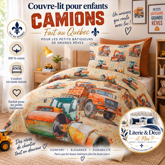 (FAIT AU QUEBEC) Camions - Couvre-lit pour enfants - Douillette Fait Québec- oleoops - Literie-Déco et moi 