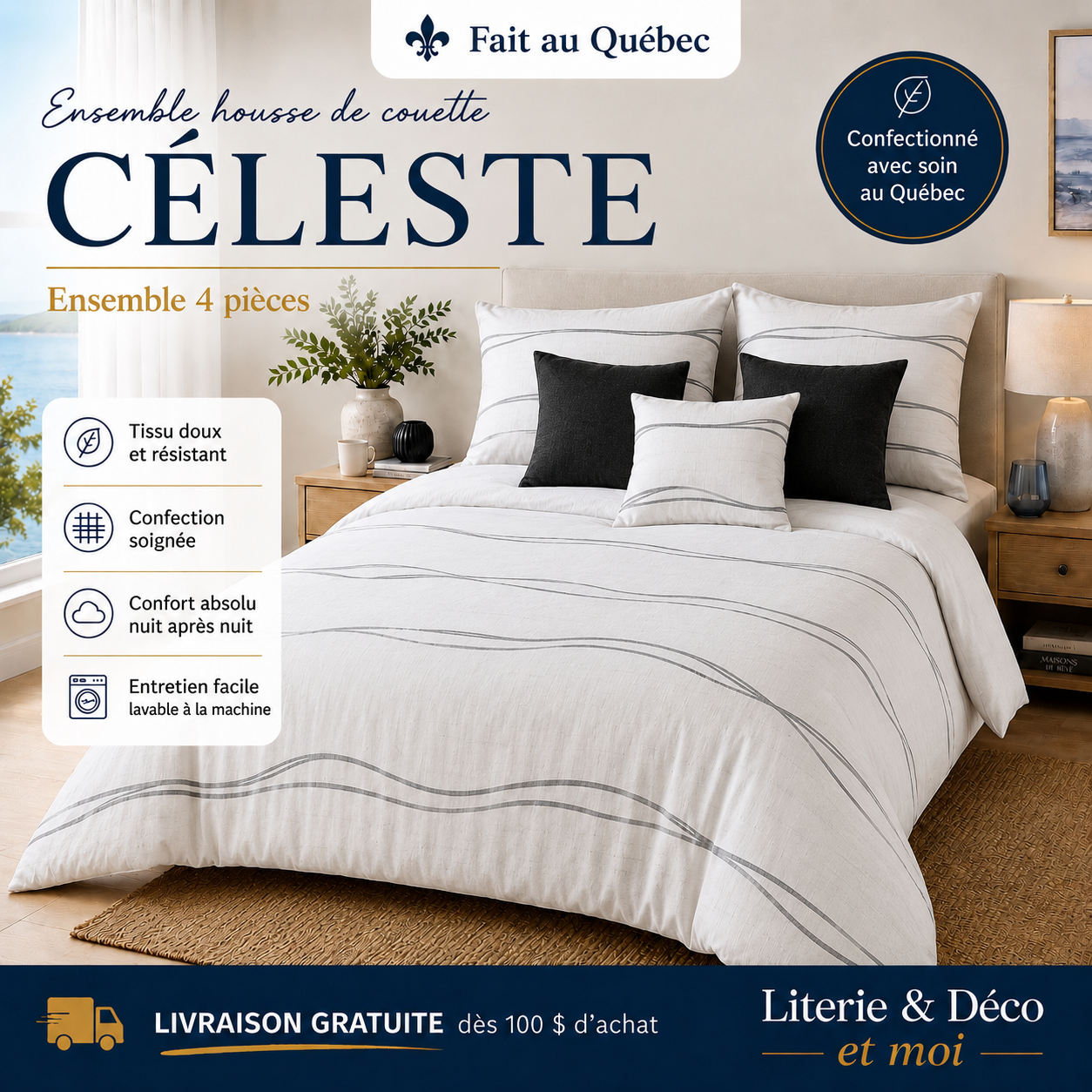 (Fait au Québec) Housse de couette CÉLESTE ( Ensemble 4 pièces ) - Housse de couette CHÉNÉ - Literie-Déco et moi 