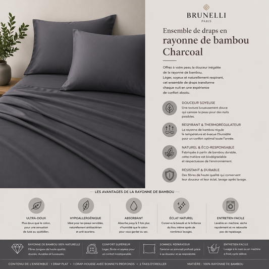 Ensemble de draps en rayonne de bambou Charcoal- Par Brunelli - Draps Brunelli - Literie-Déco et moi 