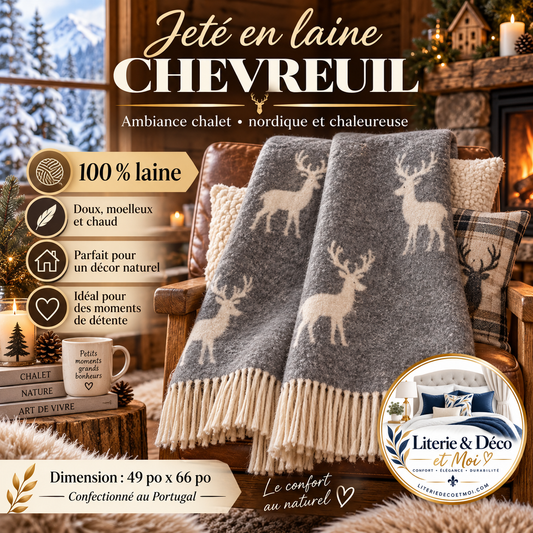 Jeté en laine Chevreuil gris (100% laine) - Jetés Literie & Déco et moi - Literie-Déco et moi