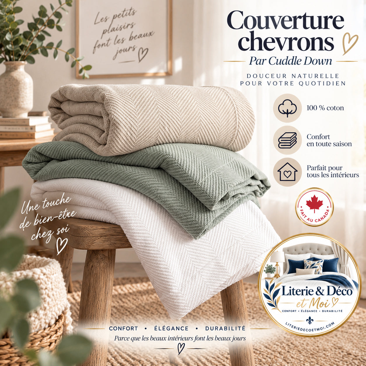 (FAIT AU CANADA)  Couverture Chevrons - Par Cuddle Down - Couvertures Cuddle Down - Literie-Déco et moi 