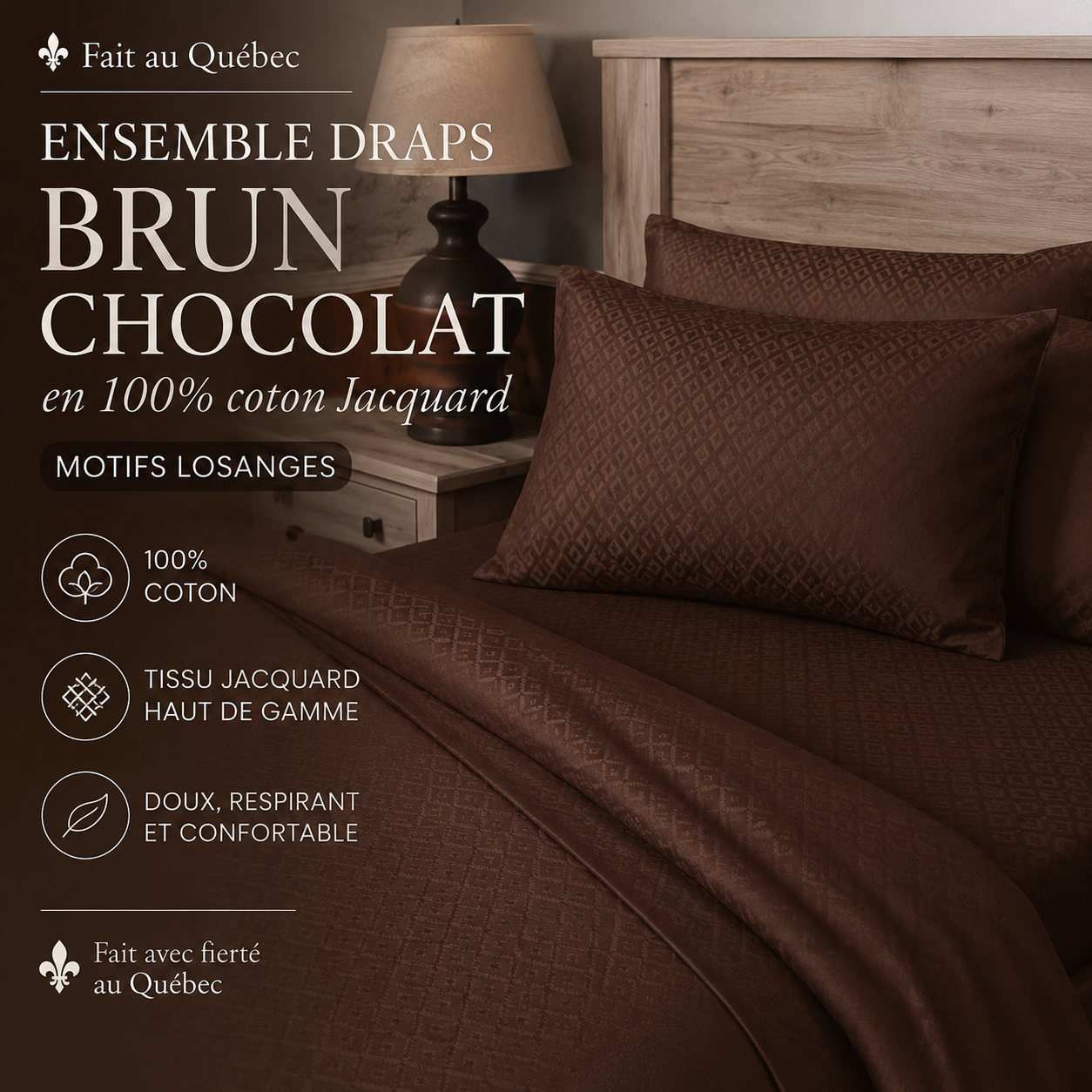 ( Fait au Québec )Ensemble draps brun chocolat en  100% coton Jacquard ( Motifs losanges ) - Draps Zénima - Literie-Déco et moi 
